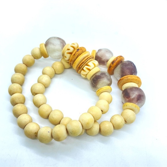 Boho Wood and Natural Beads Stretch Bracelet Pair - Picture 6 of 6